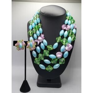 Vintage Germany Pastel Bead Necklace Earrings Set Multi Strand Demi Parure